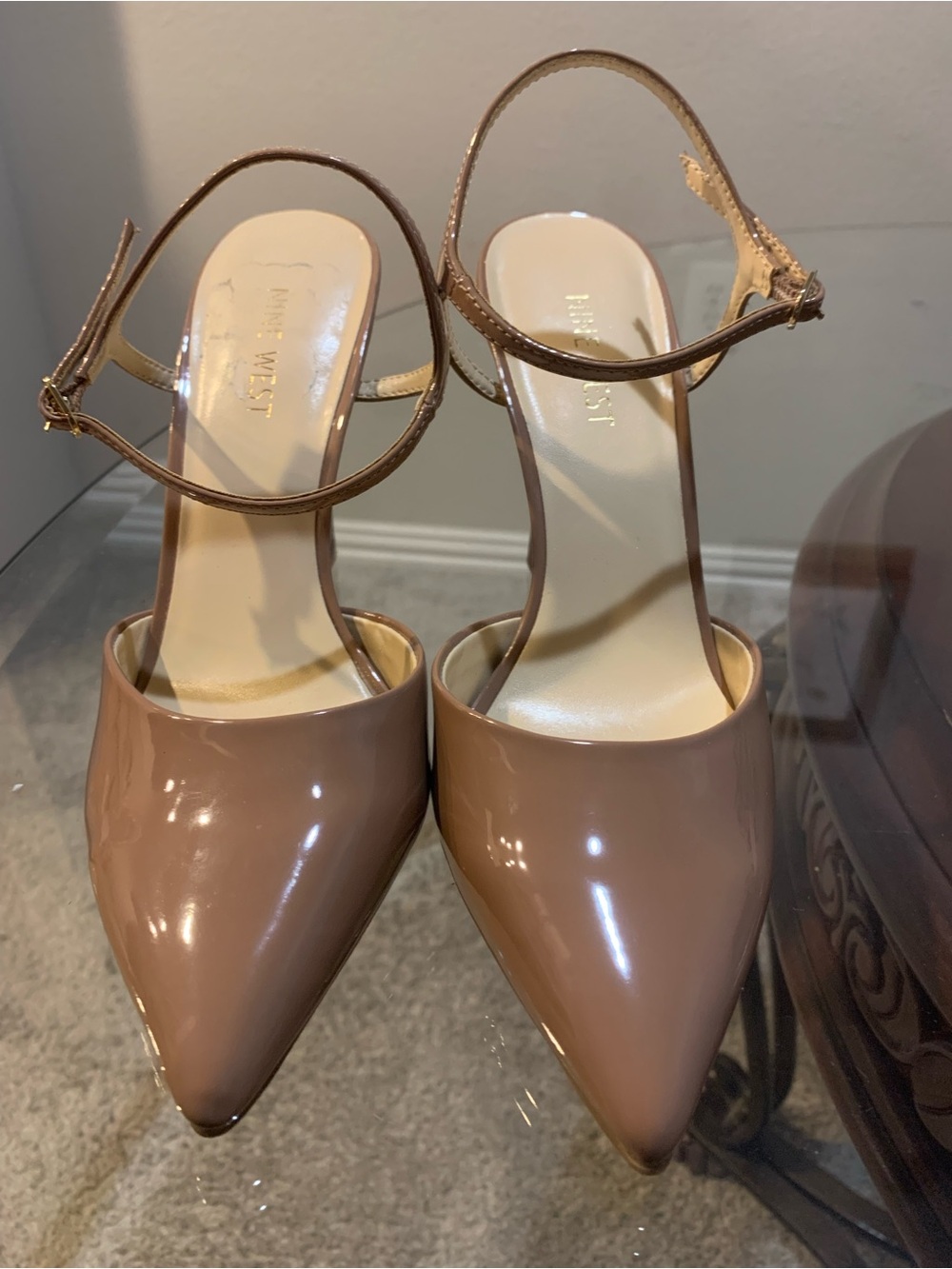 Nine West Nude Patent Pointed-Toe Ankle-Strap Pumps - Blush Taupe